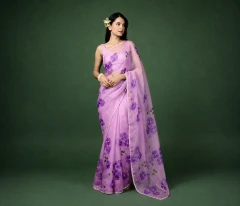 Lavender Petals Pure Organza Saree with Sleeveless Blouse